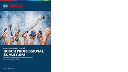 Bosch Professional el aletleri, mavi arka planda çeşitli aletler elden tutuluyor.