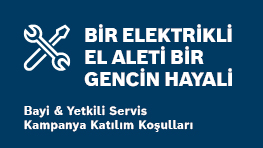 Mavi arka planda, bir elektrikli el aleti ve çekiç simgeleriyle yazılı metin yer alıyor. Metin, "Bir elektrikli el aleti bir gencin hayali" ve altında kampanya bilgileri ile servis detayları var.