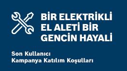 Mavi arka planda, beyaz yazıyla "Bir elektrikli el aleti bir gencin hayali" yazısı var. İki anahtar simgesi yer alıyor.