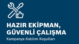 Mavi arka planda beyaz yazı ile "Hazır ekipman, güvenli çalışma" ifadesi ve alet simgeleri.