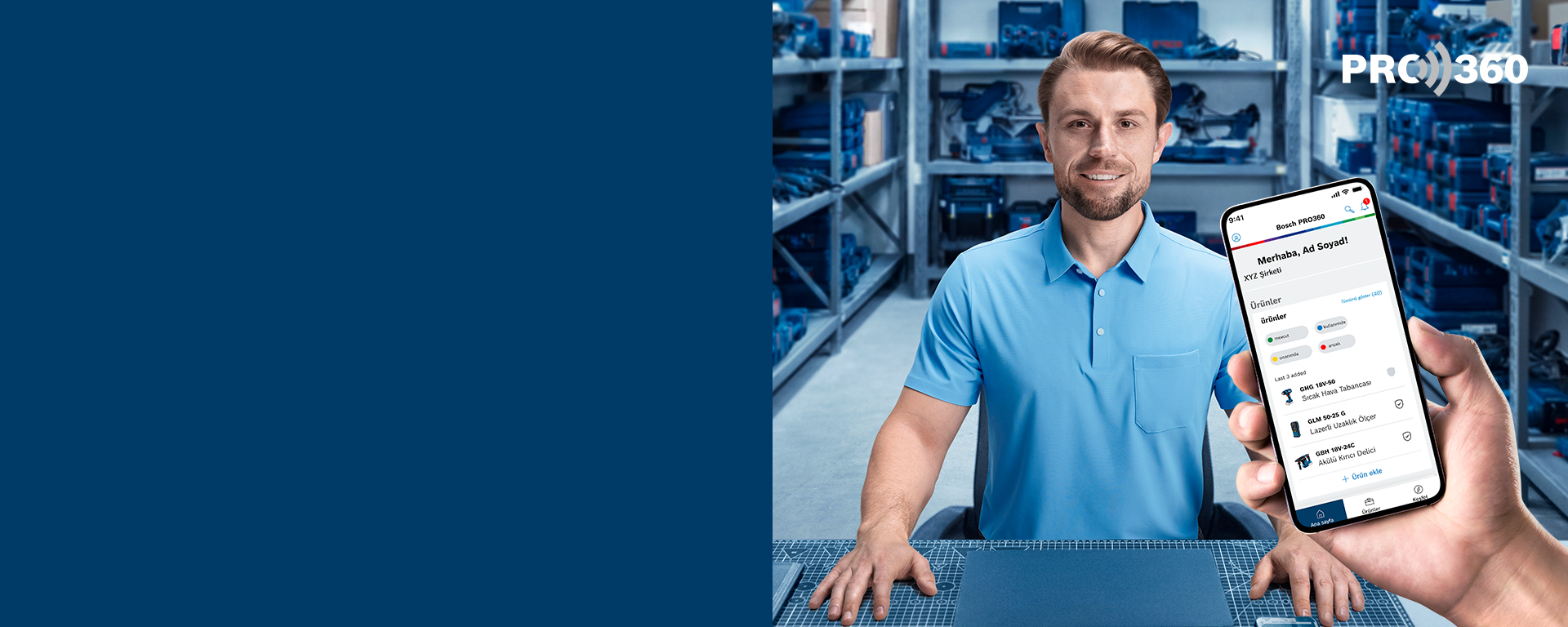 Bosch Professional marka mavi elektrikli aletler, düzenli bir iş alanında, metal profillerle birlikte yer alıyor.