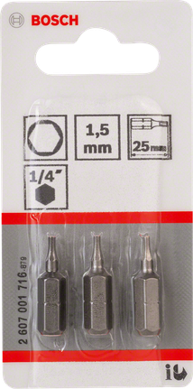 Bosch 1,5 mm altıgen tornavida uçları, 25 mm, 3'lü set.