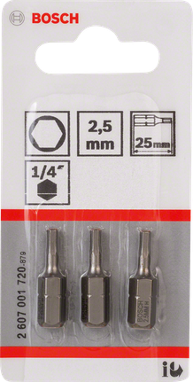 Bosch 2,5 mm altıgen tornavida uçları seti, 25 mm uzunluk.