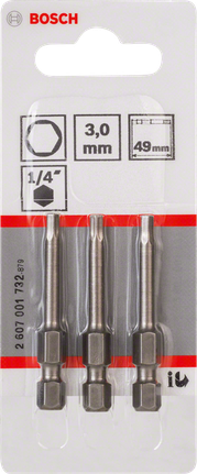 Bosch 3 mm altıgen tornavida uçları, 49 mm, 3'lü set.