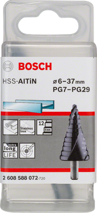 Bosch HSS-AlTiN kademeli matkap ucu 6-37 mm, paslanmaz çelik için.
