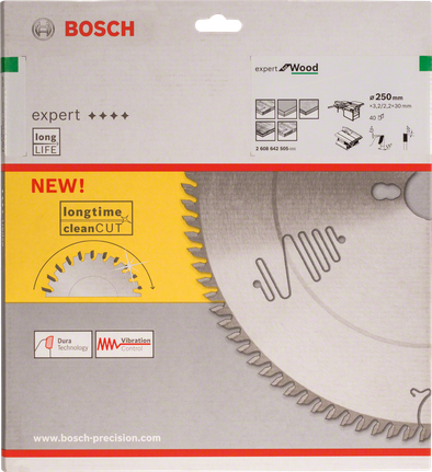 Bosch Expert ahşap işleme daire testere bıçağı 250 mm, uzun süreli temiz kesim.