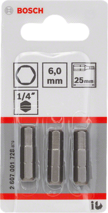 Bosch 6 mm altıgen tornavida uçları seti, 25 mm uzunluk.
