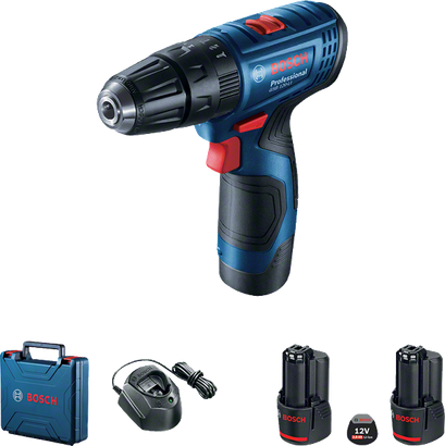 Bosch GSB 120-LI akülü matkap seti, aküler ve şarj cihazı ile birlikte.