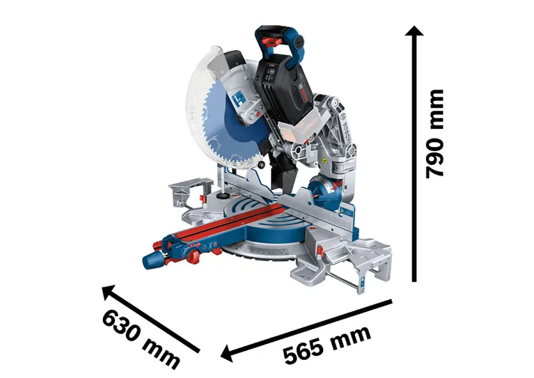 Bosch GCM 18V-305 GDC akülü gönye testeresi ve ölçüleri.