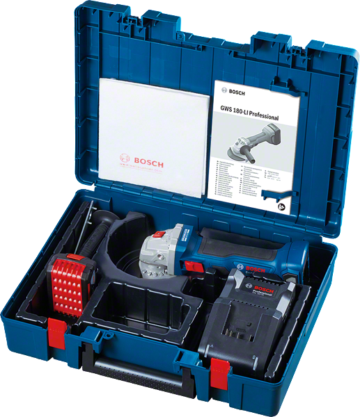 Bosch GWS 180-LI açılı taşlama makinesi seti ve aksesuarları.