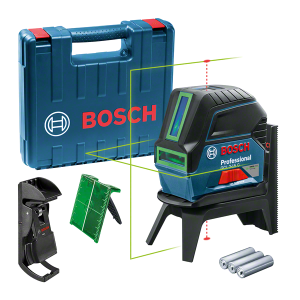 Bosch GCL 2-15 lazer tesviye aleti, çantası ve aksesuarlarıyla birlikte.