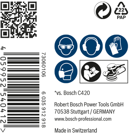 Bosch EXPERT M480 Zımpara Ağı 150mm G220 güvenlik simgeleri.