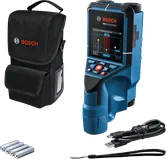 Bosch D-Tect 200 C duvar tarayıcısı, kılıfı ve aksesuarlarıyla birlikte.