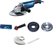 Bosch GWS 24-180 açılı taşlama makinesi aksesuarlarıyla birlikte.