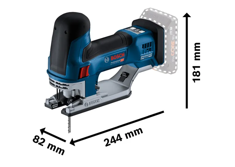 Bosch GST 18V-155 SC akülü dekupaj testeresi ve ölçüleri.