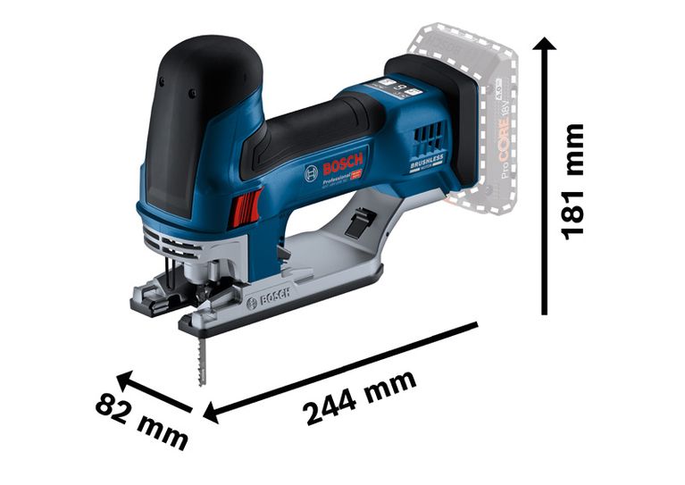 PRO GST 18V-155 SC Bosch GST 18V-155 SC akülü dekupaj testeresi, kesme derinliği işaretli.