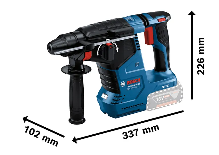 Bosch GBH 18V-24 C akülü kırıcı delici ebatlarıyla birlikte.