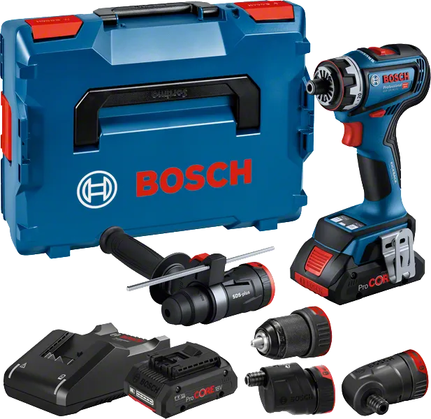 Bosch GSR 18V-90 FC matkap seti, kutusu ve aparatlarıyla birlikte.