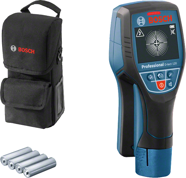 Bosch D-tect 120 duvar tarayıcısı, kılıfı ve pilleriyle birlikte.