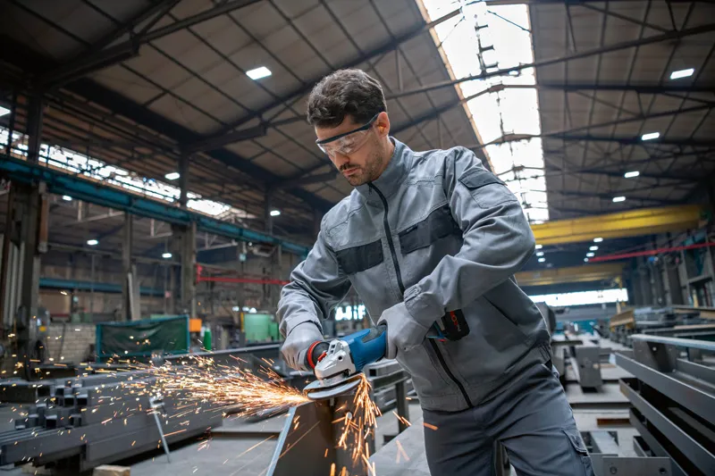 Bir fabrikada güvenlik ekipmanı takan bir kişi akülü açılı taşlama makinesiyle metal öğütüyor.