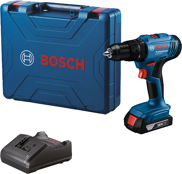 Bosch GSB 18V-45 akülü matkap seti, çanta ve şarj cihazıyla birlikte.