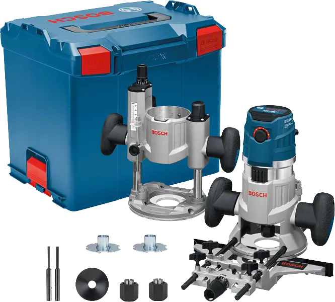 Bosch GMF 1600 CE freze seti, kılıfı ve aksesuarlarıyla birlikte.