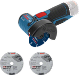 Bosch GWS 12V-76 akülü açılı taşlama makinesi kesme diskleriyle birlikte.