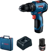Bosch GSB 12V-30 akülü matkap seti, çanta ve akü ile birlikte.