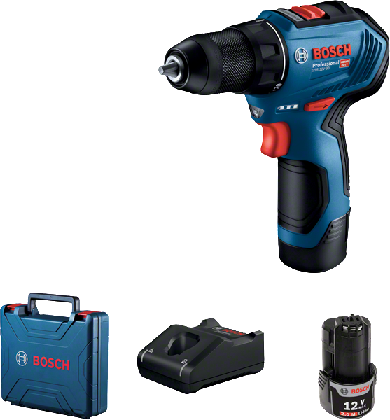 Bosch GSR 12V-30 akülü matkap, kutusu ve aküsüyle birlikte.