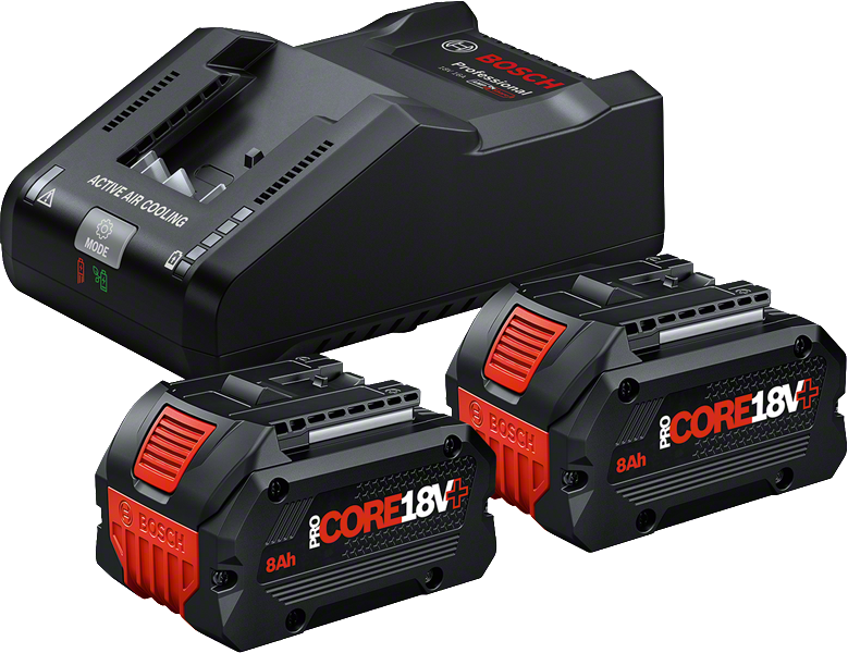 İki adet ProCORE18V+ 8Ah aküye sahip Bosch GAL 18V-160 şarj cihazı.