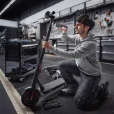 Bir kişi diz çöküp akülü tornavida kullanarak elektrikli scooter'ı tamir ediyor.