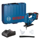Bosch GST 18V-LI akülü dekupaj testeresi seti, çanta ve şarj cihazıyla birlikte.