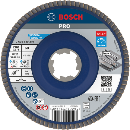 Bosch PRO X571 Flap Disk 125mm G60 X-Lock Inox için.