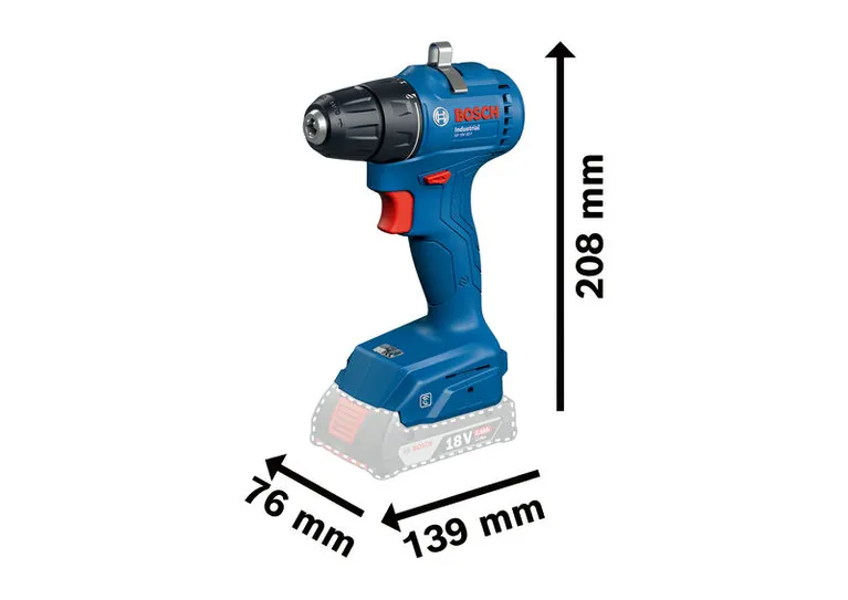 Gösterilen ölçülere sahip Bosch ISR 18V-30 P akülü matkap.