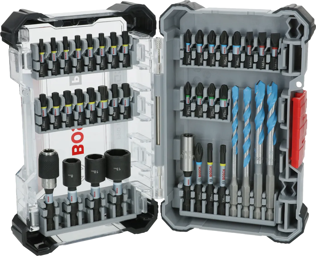 Bosch PRO Impact Karma Set 40 parça uç ve matkap uçlarıyla birlikte.