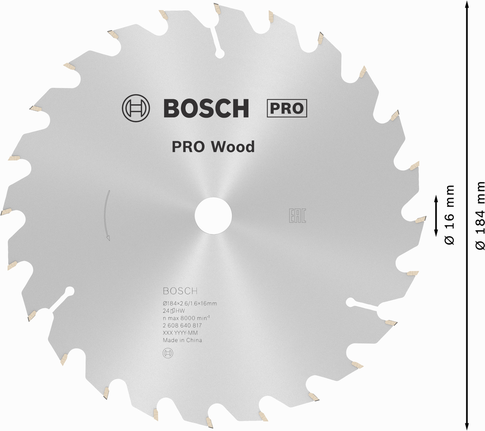 Bosch PRO Wood 184 mm dairesel testere bıçağı, hassas ahşap kesimi için.