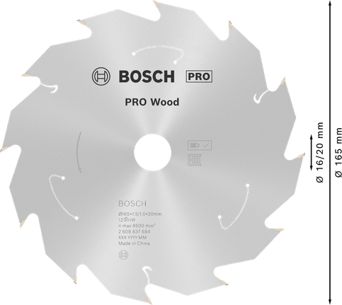 Bosch PRO Wood 165mm daire testere bıçağı, 12 diş.