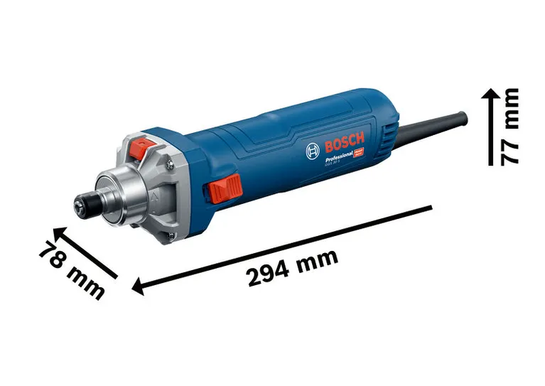 Gösterilen ölçülere sahip Bosch GGS 30 S düz taşlama makinesi.