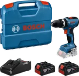 Bosch GSB 18V-65 akülü matkap seti, çanta ve pillerle birlikte.