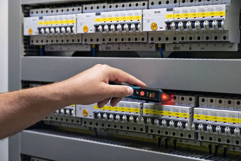 Temassız voltaj test cihazı ile elektrik panosunu test eden kişi.