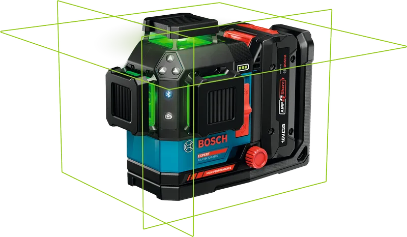 Bosch EXLL18V-120-33CG lazerli seviyeleme aleti, 360° yeşil çizgilerle.