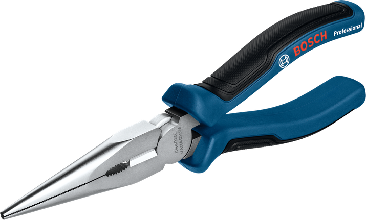 Bosch 200 mm uzun burunlu pense, indüksiyonla sertleştirilmiş kesici kenarlara sahiptir.