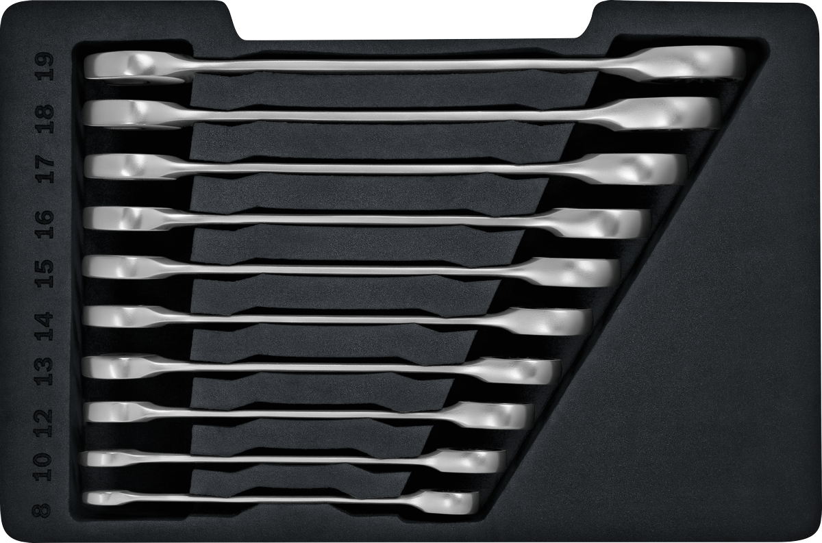 Bosch 10 parçalı cırcırlı anahtar seti, tepsi içinde.