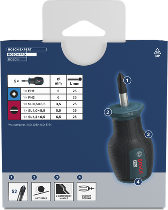Bosch PRO Kısa Tornavida PH/SL Seti, S2 şaft ve kaymayı önleyici tasarıma sahiptir.