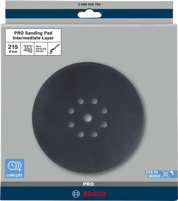 Bosch 215 mm ebatlarında, zımparalama için 8 delikli destek pedi.
