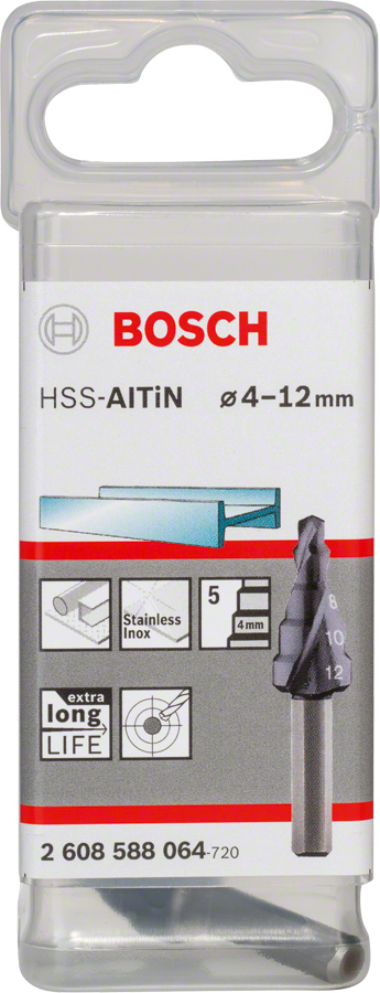 Bosch HSS-AlTiN step drill bit 4-12mm for stainless steel.