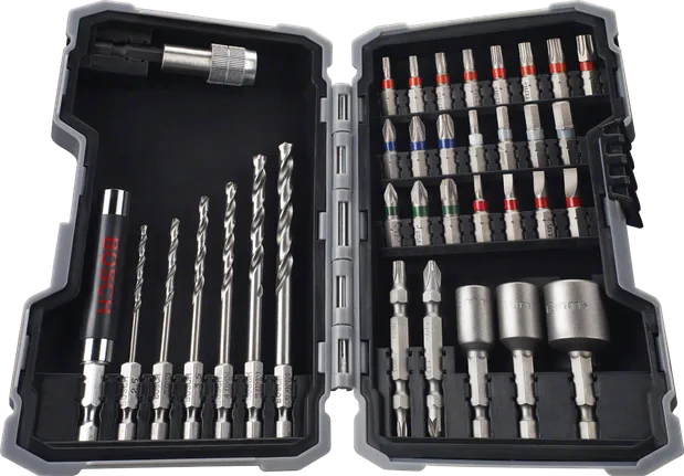 Bosch 43 piece drill and screwdriver bit set in case.