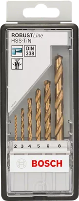 Bosch 6-piece HSS-TiN metal drill bit set 2–8 mm.