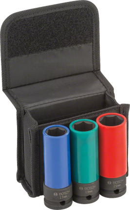Bosch impact socket set with 17, 19, 21mm sizes.
