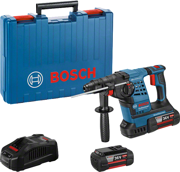 Bosch GBH 36 V-LI Plus rotary hammer with case and batteries.